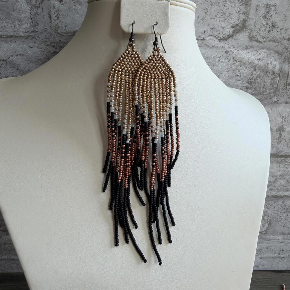 Long Shoulder Duster Handmade Beaded Fringe Earrings in Golds and blacks